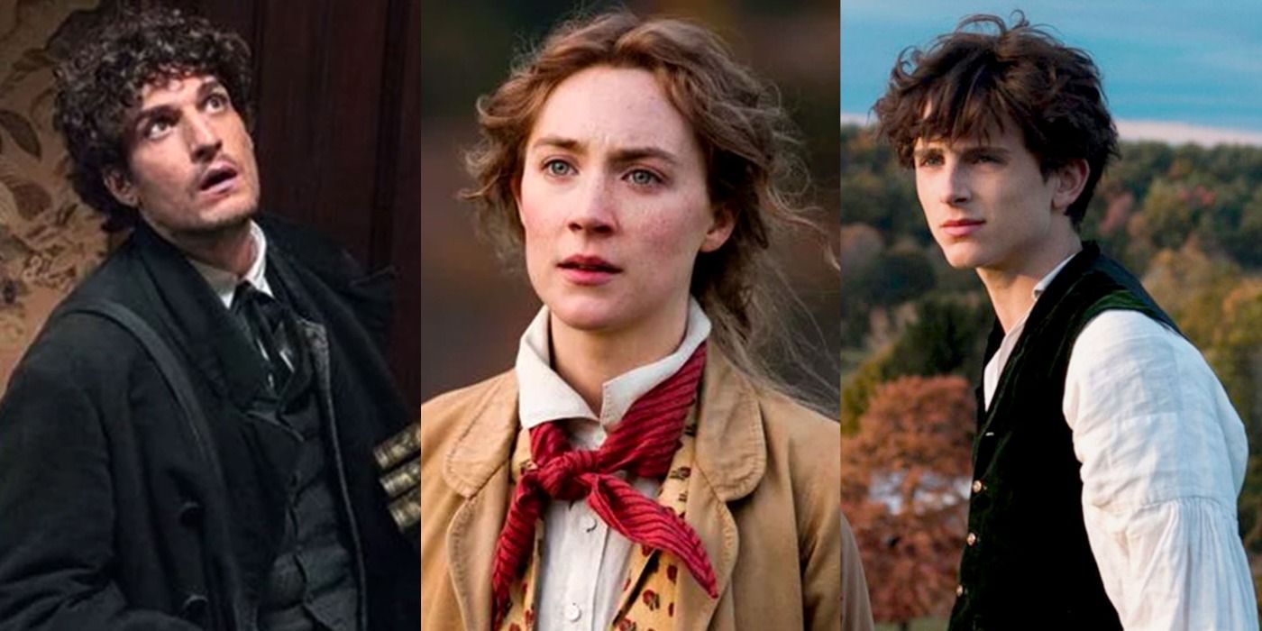 A split image depicts Friedrich, Jo, and Laurie in the 2019 adaptation of Little Women