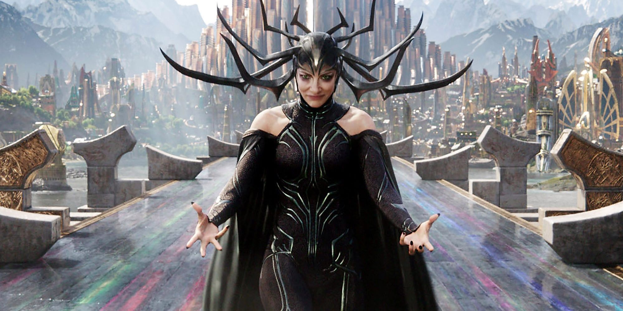 Cate Blanchett as Hela standing on the Bifrost after conquering in Asgard in Thor: Ragnarok