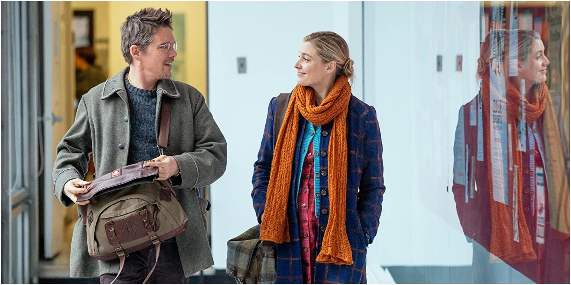 Maggie's Plan stars Ethan Hawke and Greta Gerwig in a hallway.