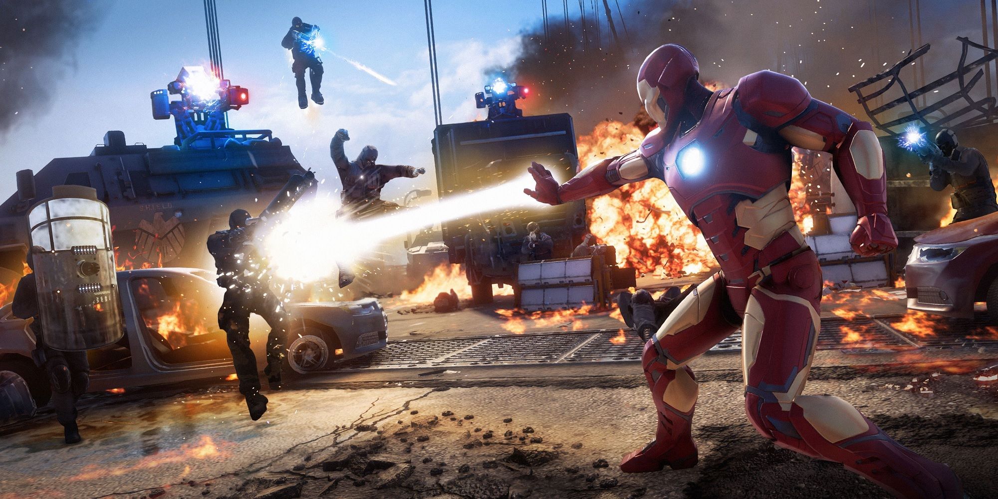 Screenshot from the Marvel'sAvengers beta showing Iron Man fighting.