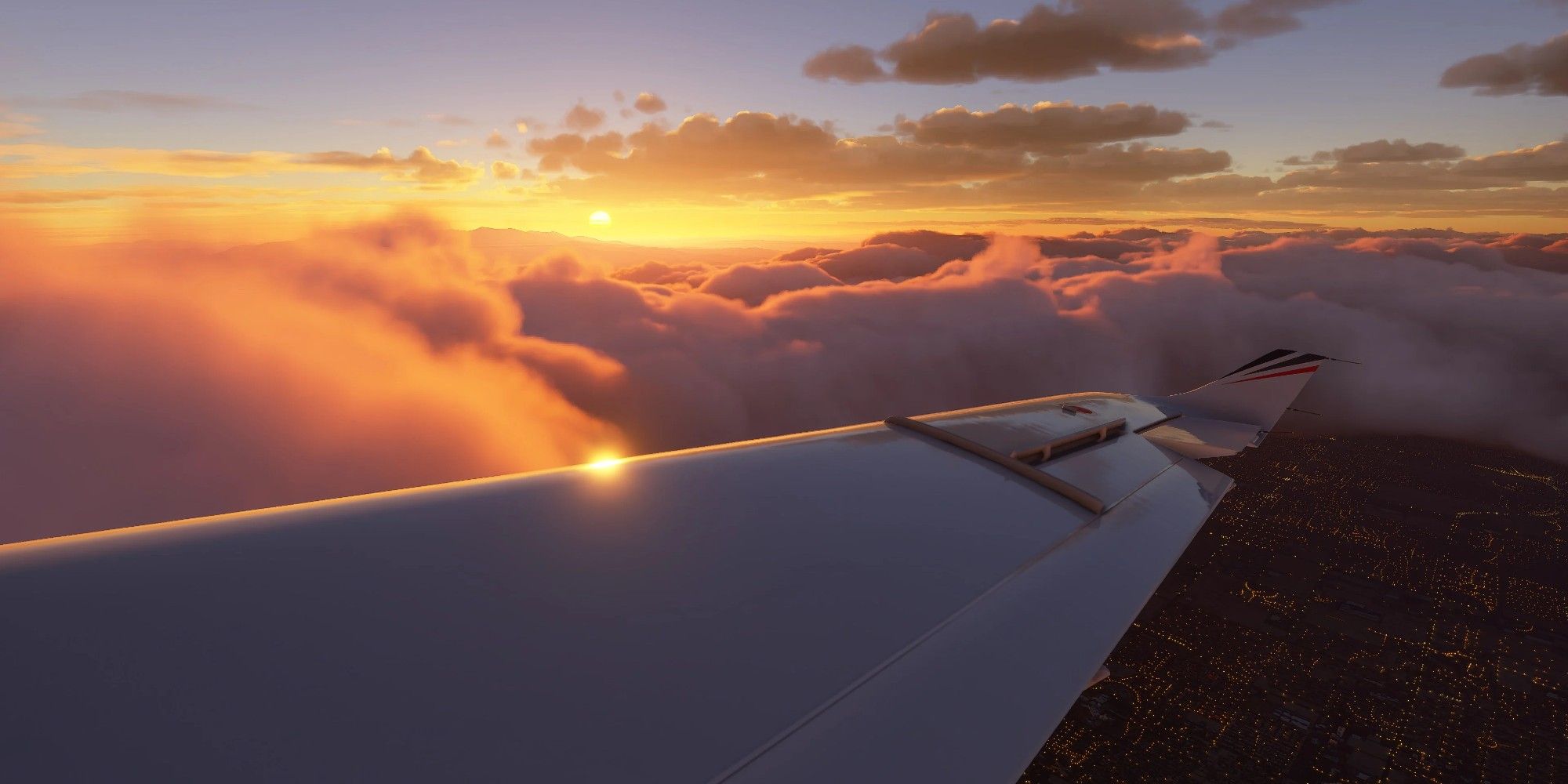 Sunset over a plane wing in Microsoft Flight Simulator