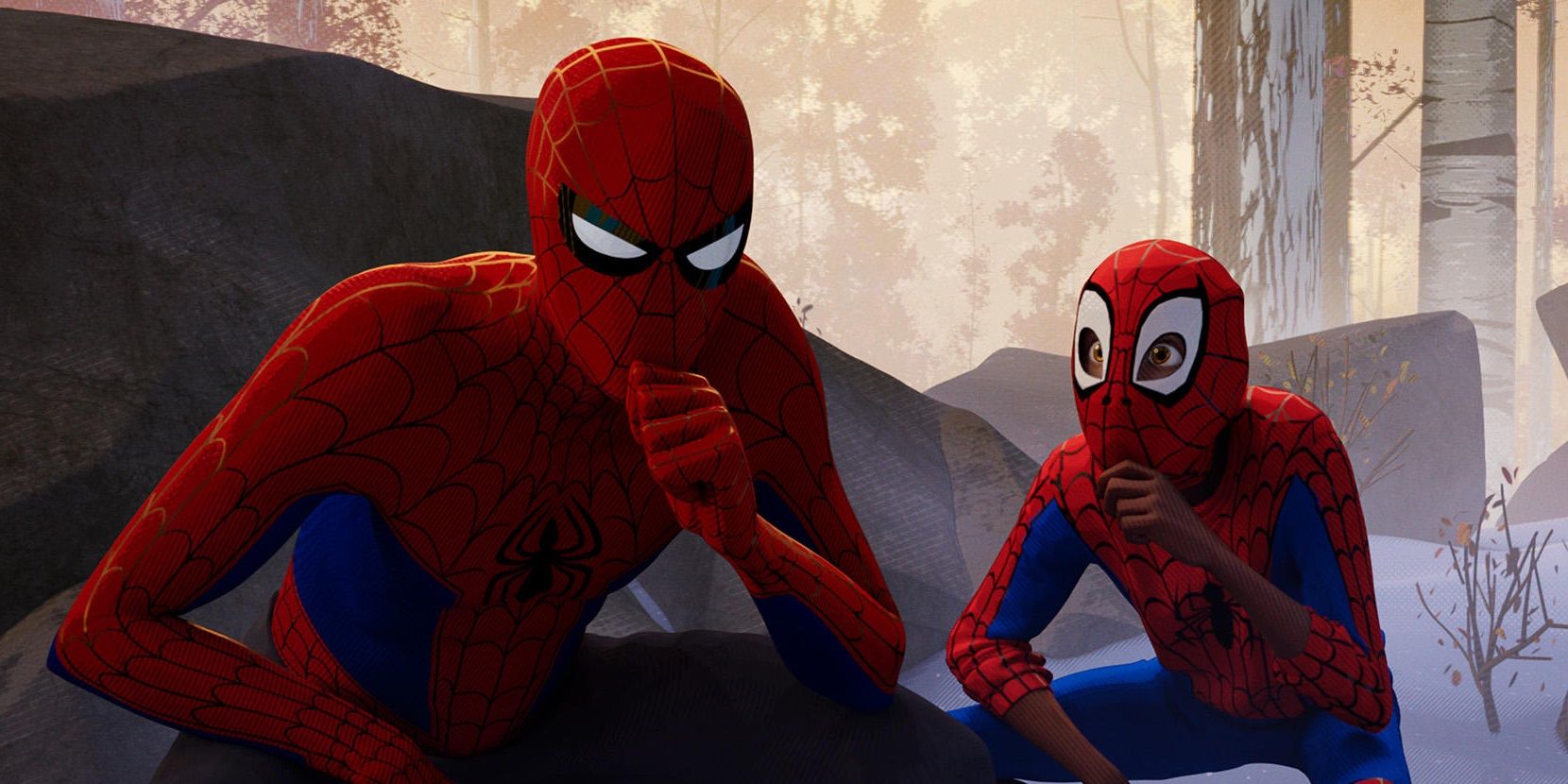 Peter Parker and Miles rest on a rooftop in Into The Spider-Verse