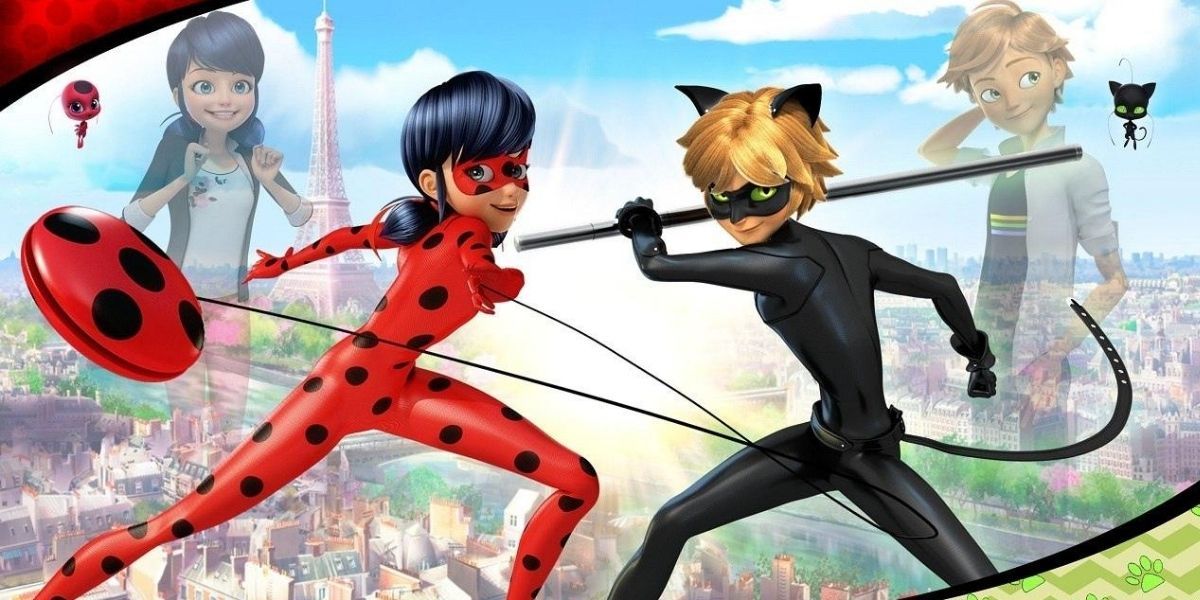 Ladybug and Cat Noir with images of Marinette and Adrien behind them for the Miraculous anime