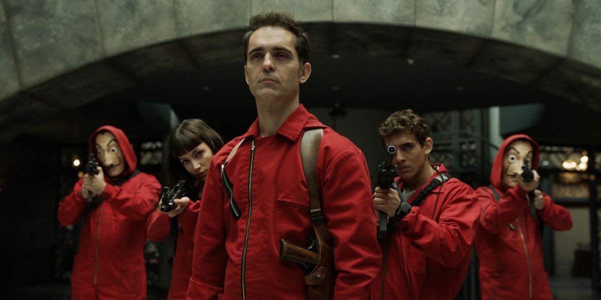 An image of Berlin, Rio, Tokyo and their crew robbing the bank in Money Heist