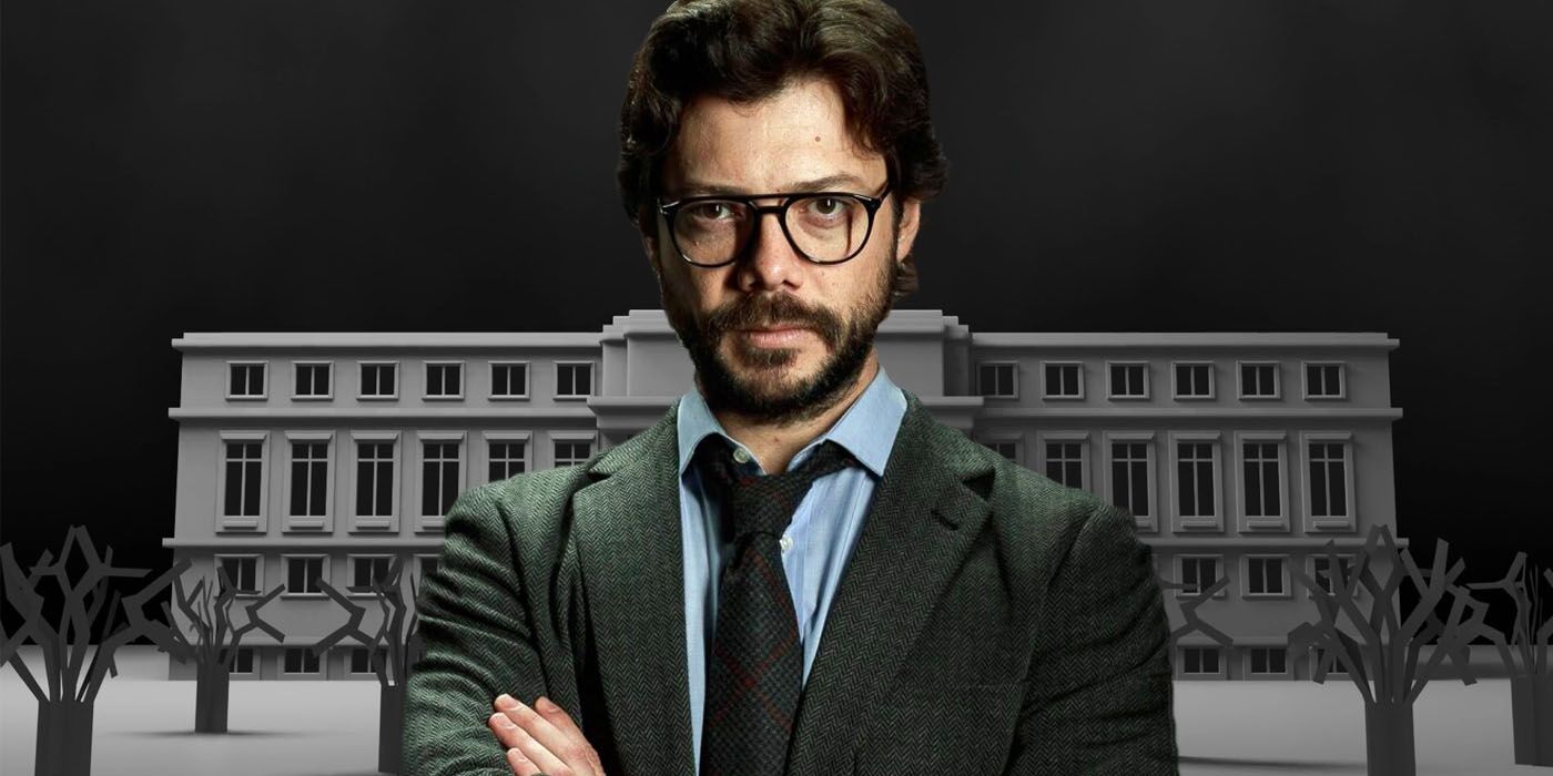 The Professor standing in front of the Royal Mint in Money Heist.