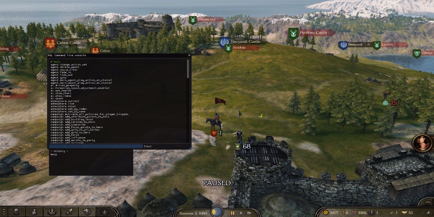 An image of Mount and Blade 2 with the console command window open
