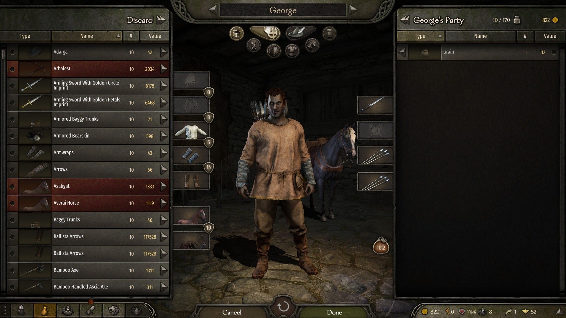 Mount and Blade inventory screen with the developer's console open and cheat mode on