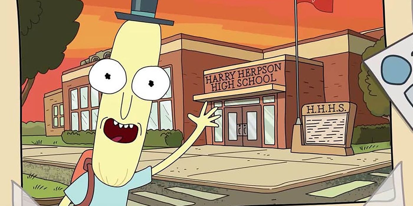 Young Mr. Poopybutthole waves in front of his school in Rick & Morty.