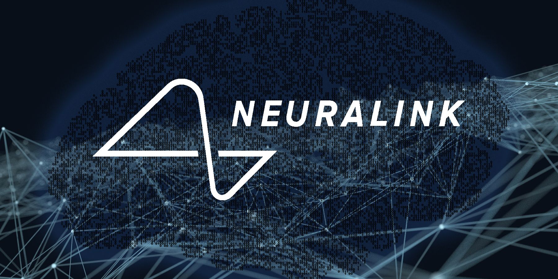 The Neuralink logo in white lettering in front of a dark blue render of digitized neural pathways