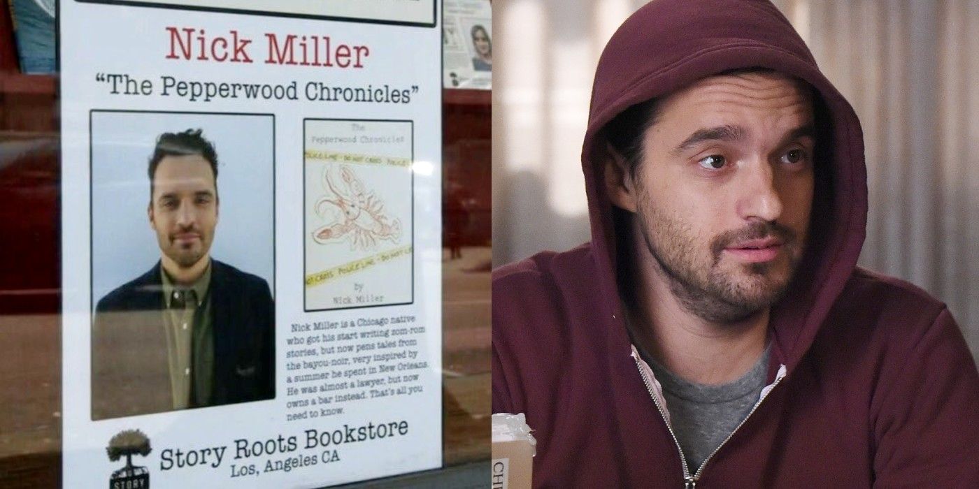Side by side of Nick Miller and Pepperwood Chronicles bookstore flyer in New Girl
