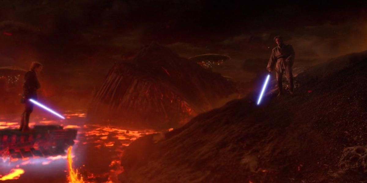 Obi-Wan takes the high ground over Anakin in their duel on Mustafar in Revenge Of The Sith