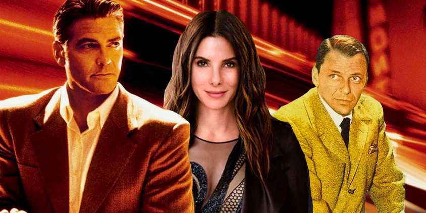 Collage of George Clooney, Sandra Bullock and Fran Sinatra in the Ocean's movies