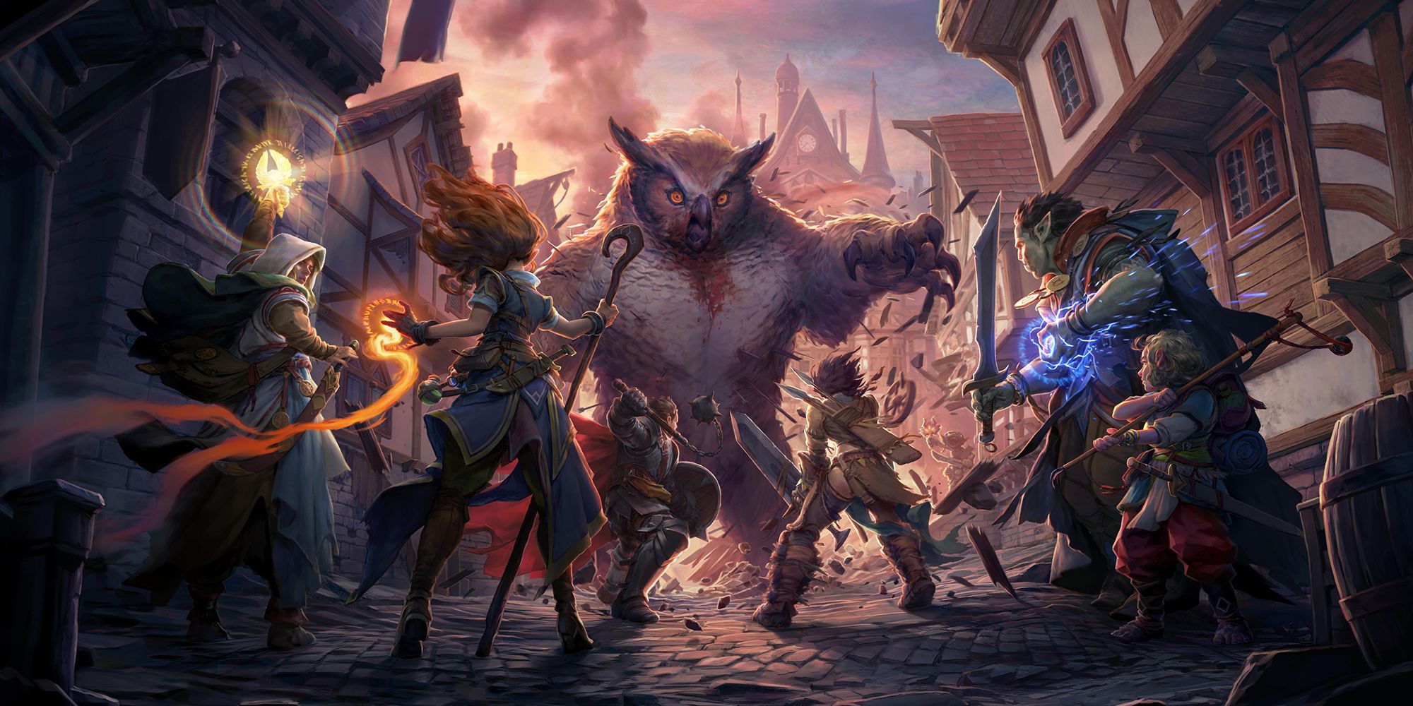 A party facing down an Owlbear attacking a city in Pathfinder: Kingmaker.