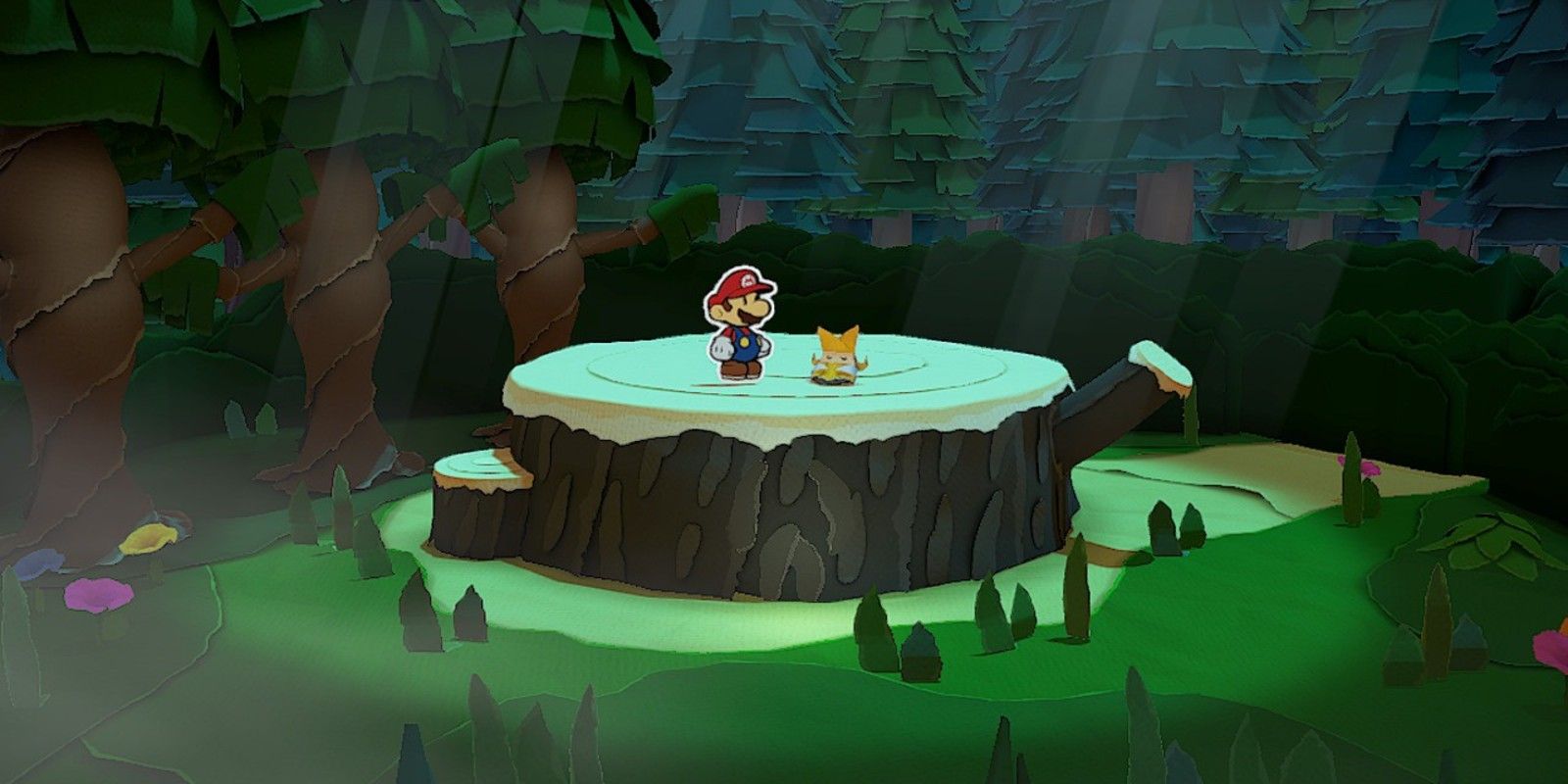 Mario e Olivia estão na plataforma em Whispering Woods