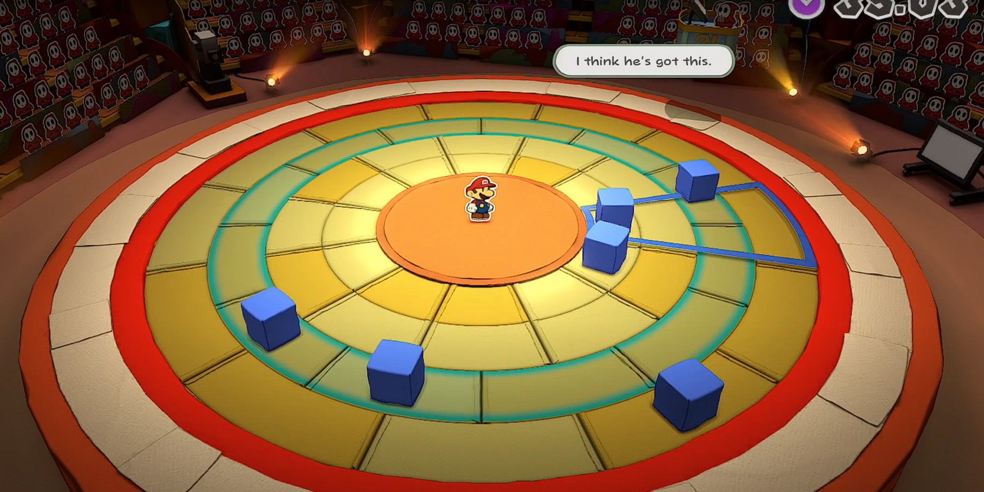 Mario testa suas habilidades de Ninji no desafio da categoria Ninji Skills, um desafio no minijogo Shy Guys Finish Last Game Show em Paper Mario: The Origami King