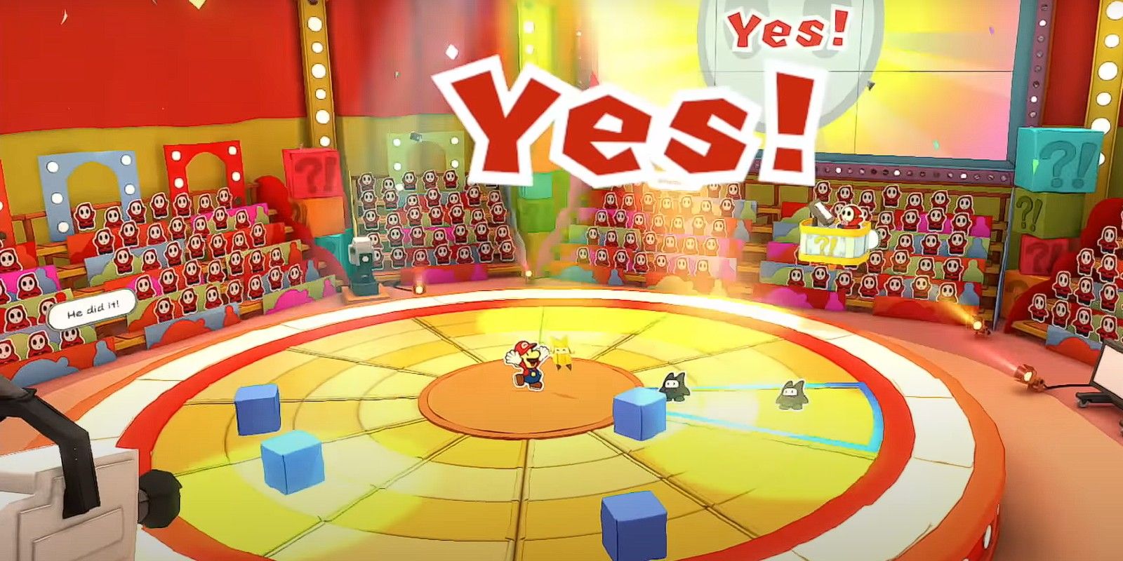 Mario vence o Ninji Skills Challenge durante o último minijogo Shy Guys Finish em Paper Mario: The Origami King