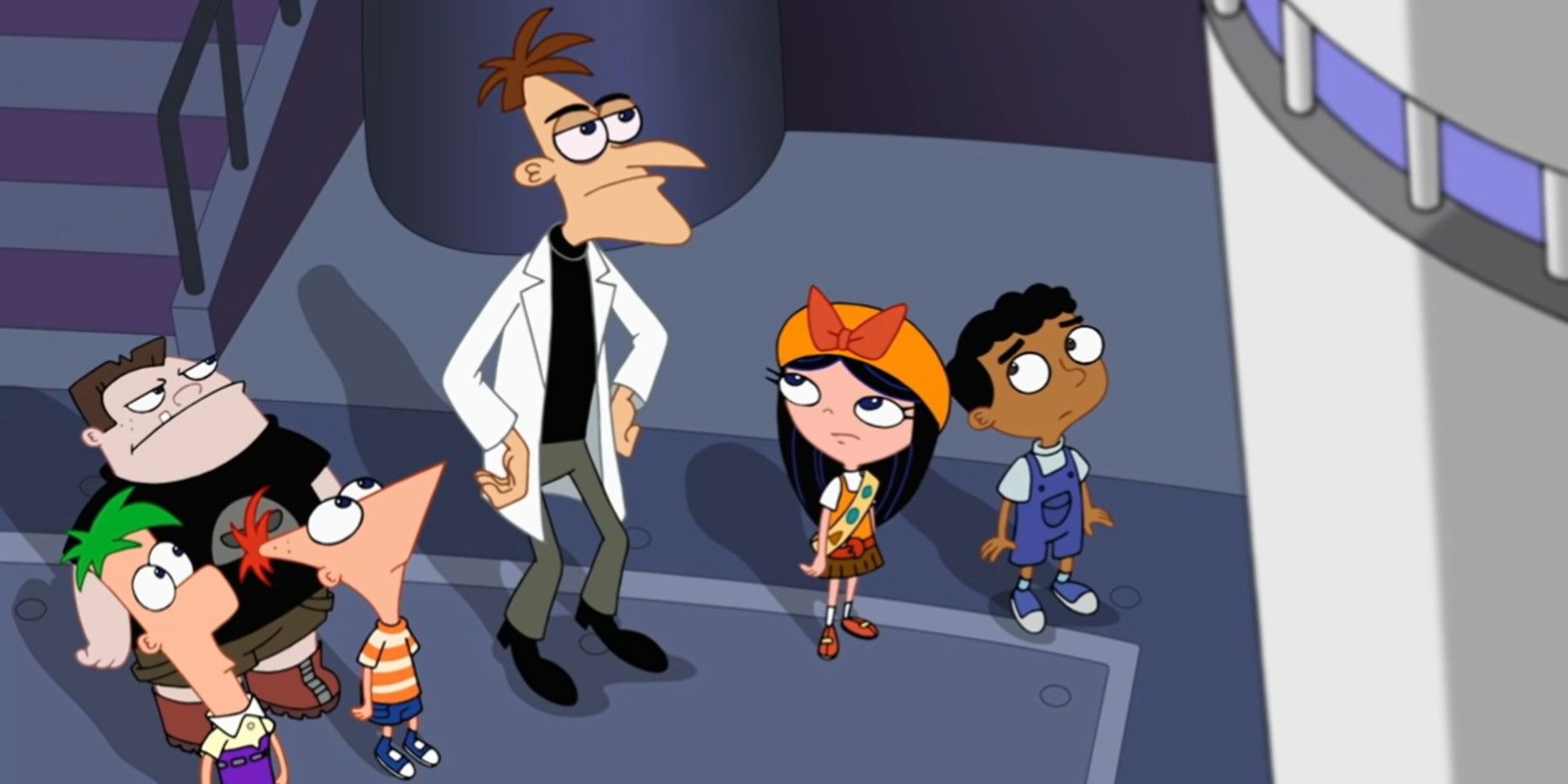 Phineas, Ferb, Baljeet, Isabella and Buford in Dr Doof's Hideout