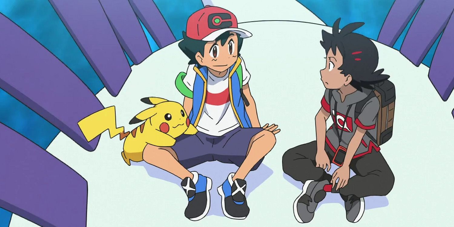 Pikachu, Ash and Goh sitting on the floor, talking