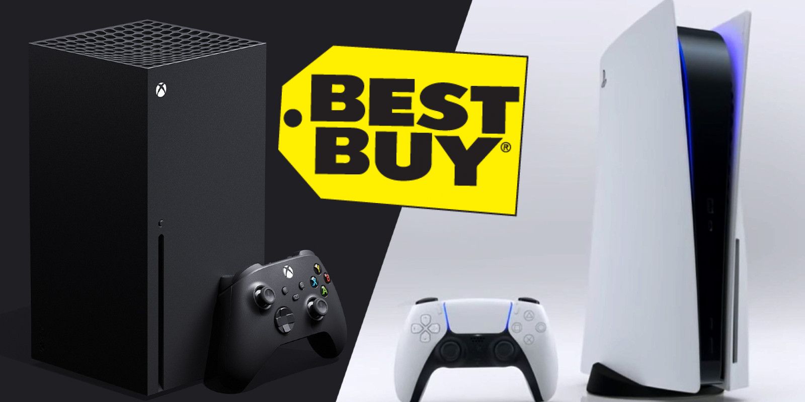PlayStation 5 and Xbox Series X next-gen consoles with Best Buy logo.