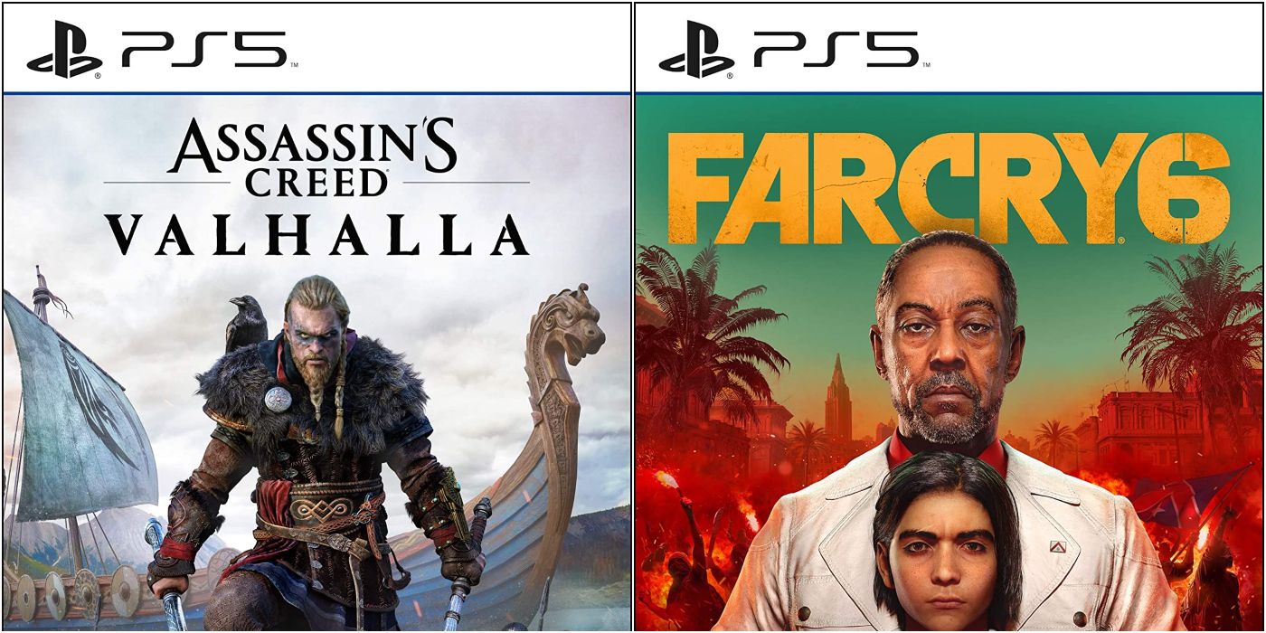 PlayStation 5 box art for Assassin's Creed Valhalla and Far Cry 6.