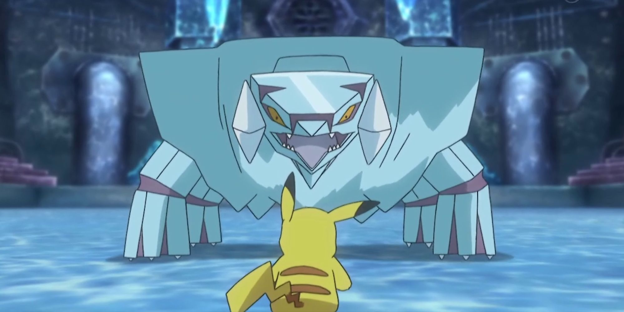 Avalugg fica ameaçadoramente na frente de Pikachu no anime Pokémon