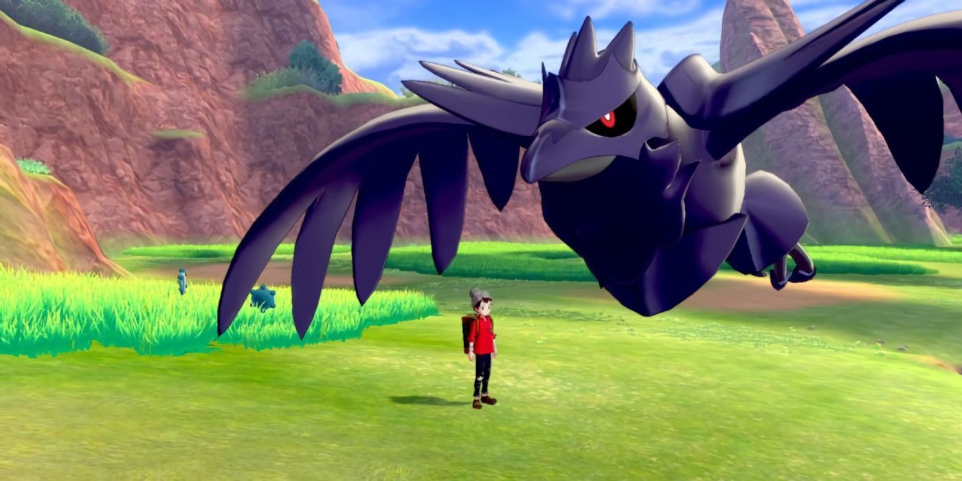 Corviknight flying in the Wild Area in Pokémon Sword &amp; Shield