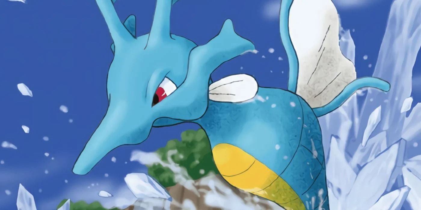 Kingdra emerges from the water with a dramatic splash in Pokemon