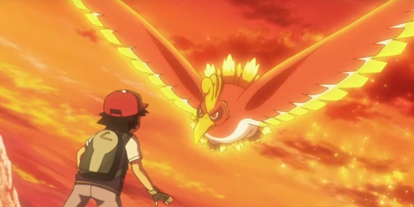 Ho-Oh terbang menuju Ash di anime Pokemon.
