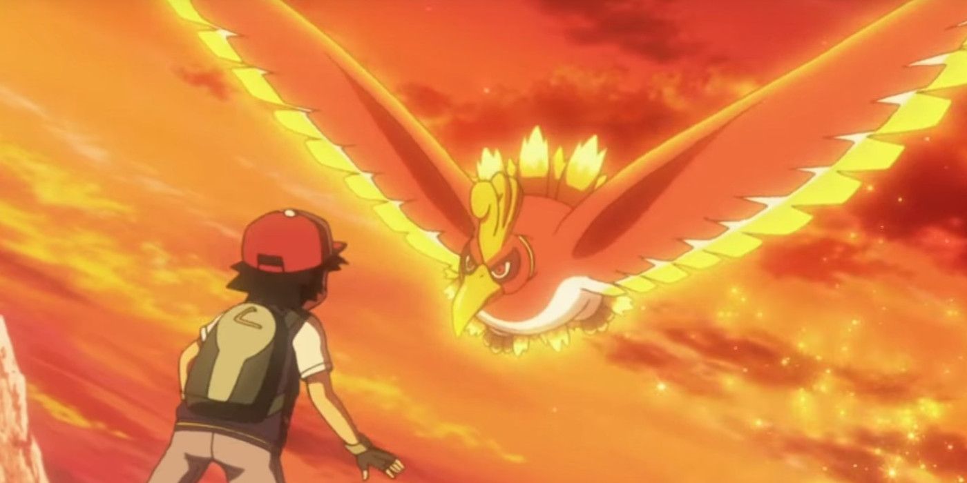 Ho-Oh voa em direção a Ash no anime Pokémon.