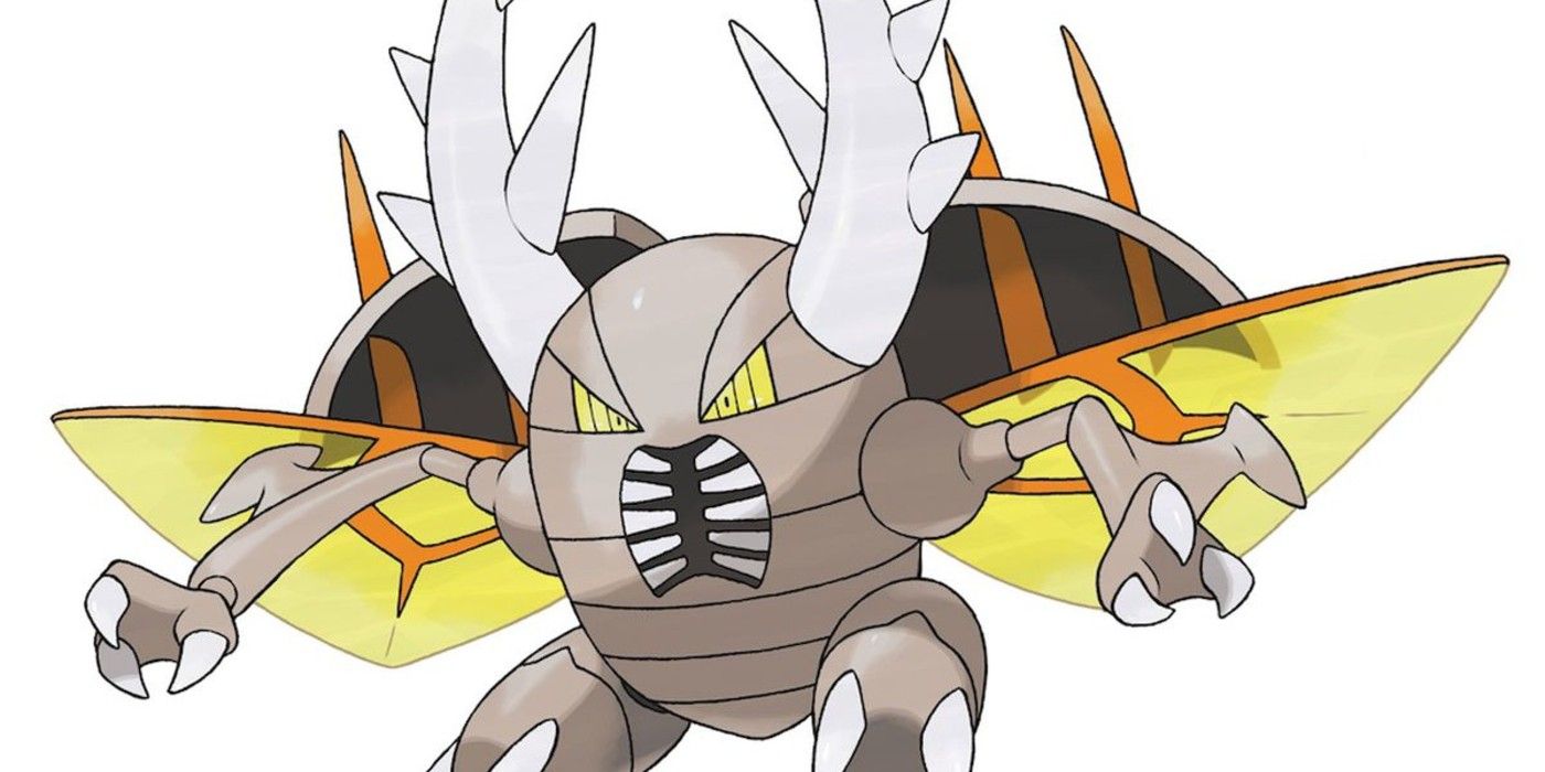 Pokemon Mega Pinsir flying in front of a white bakcground