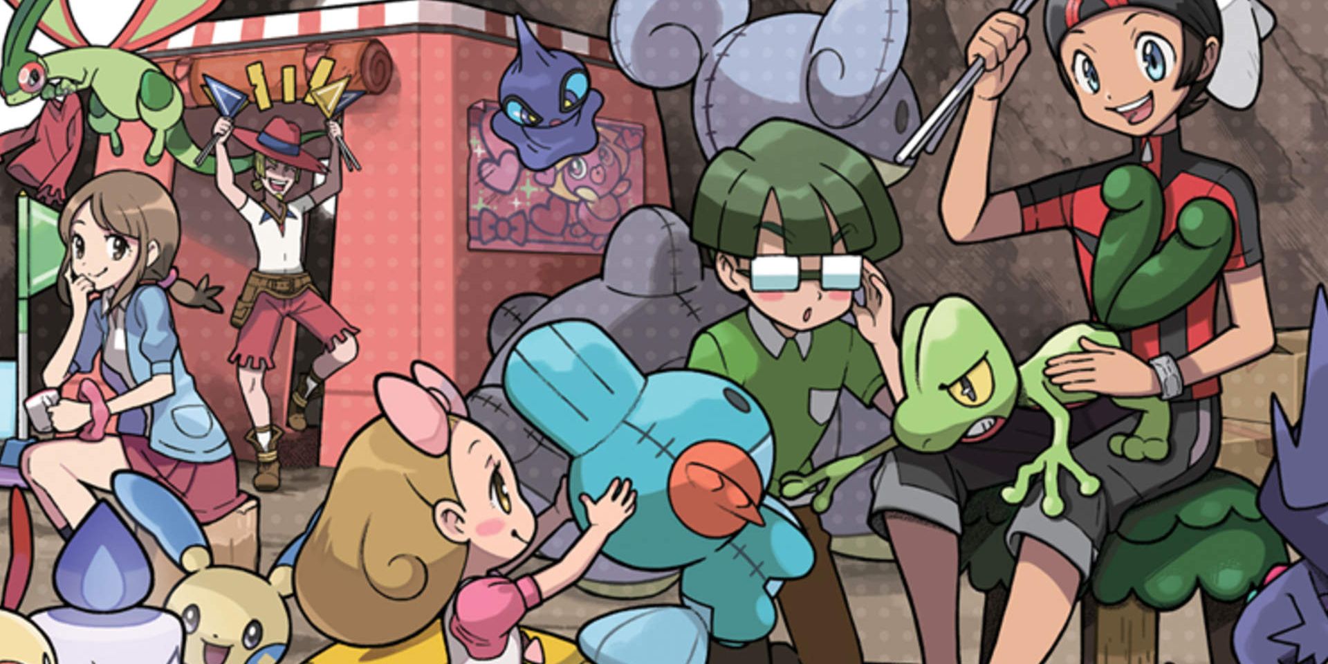Pokemon Omega Ruby & Sapphire art showing characters interacting with both real and plush Pokemon.