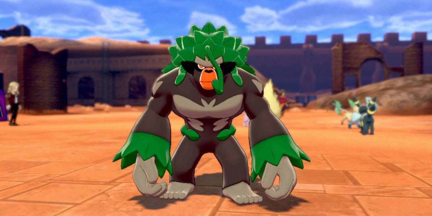 A Rillaboom against a desert background in Pokémon Sword & Shield