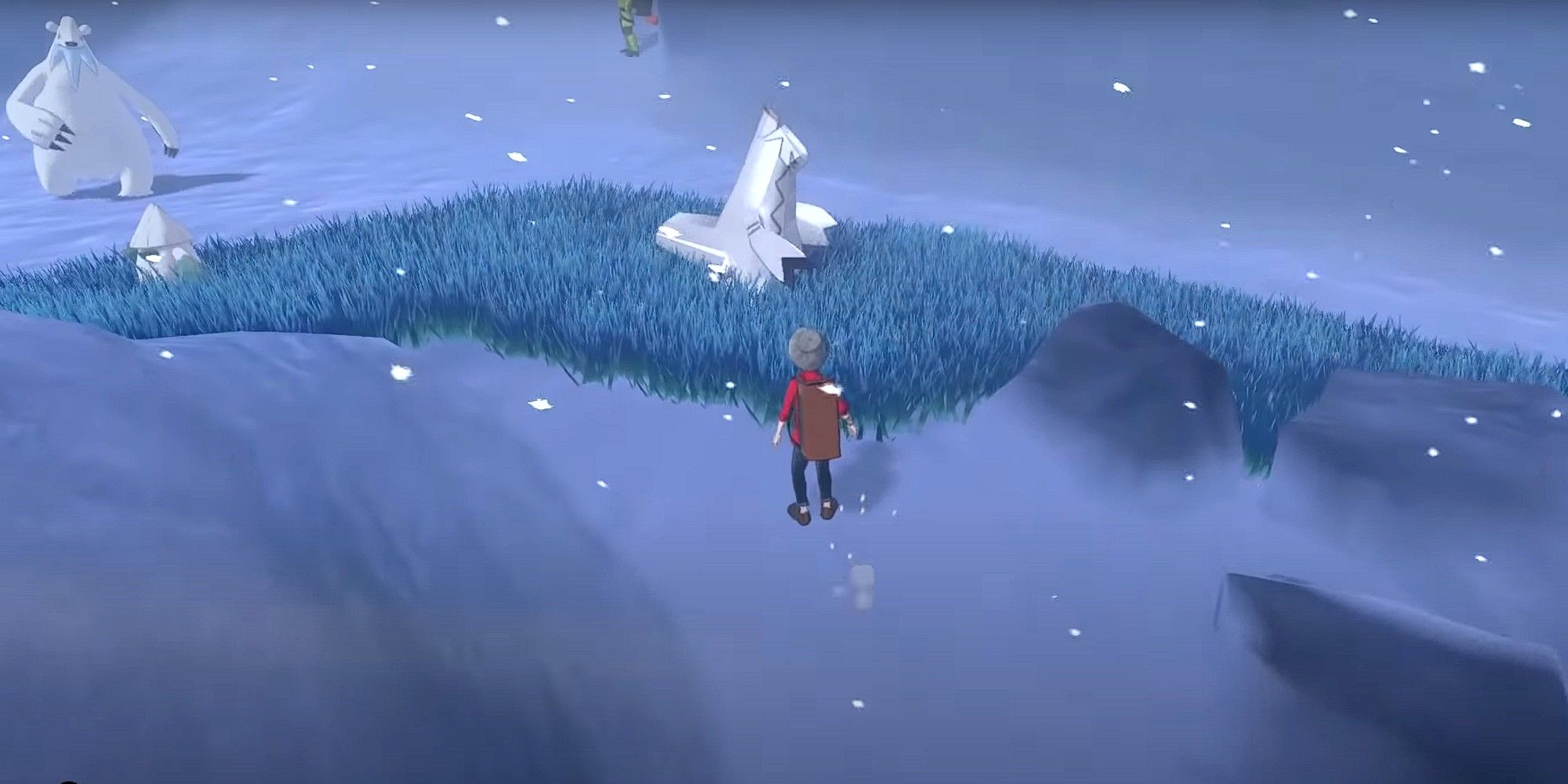A wild Duraludon walks around the grassy area of Route 10 in a Snowstorm in Pokemon Sword &amp; Shield