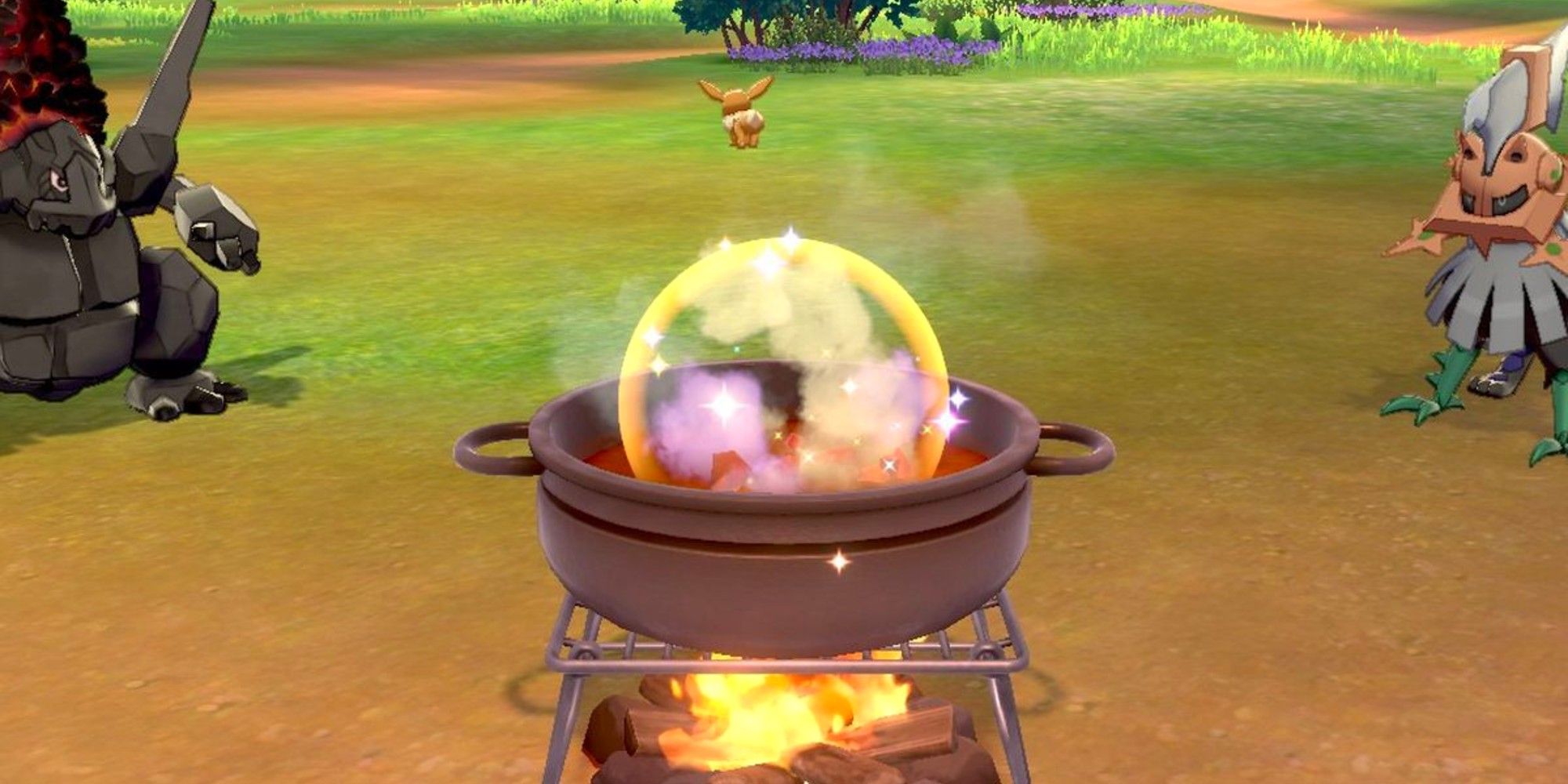 A player cooks curry at camp in Pokemon Sword &amp; Shield