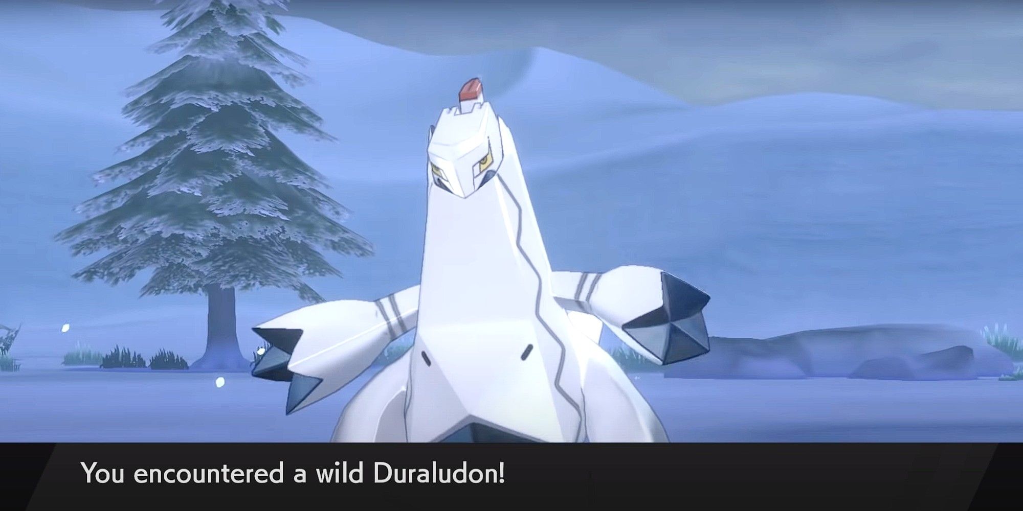 A player encounters a wild Duraludon on Route 10 in a Snowstorm in Pokemon Sword &amp; Shield