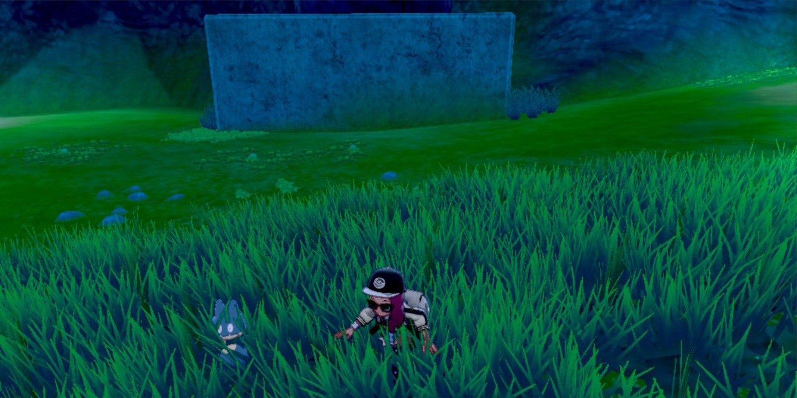A player sneaks up on Munchlax in the tall grass in Pokemon Sword &amp; Shield
