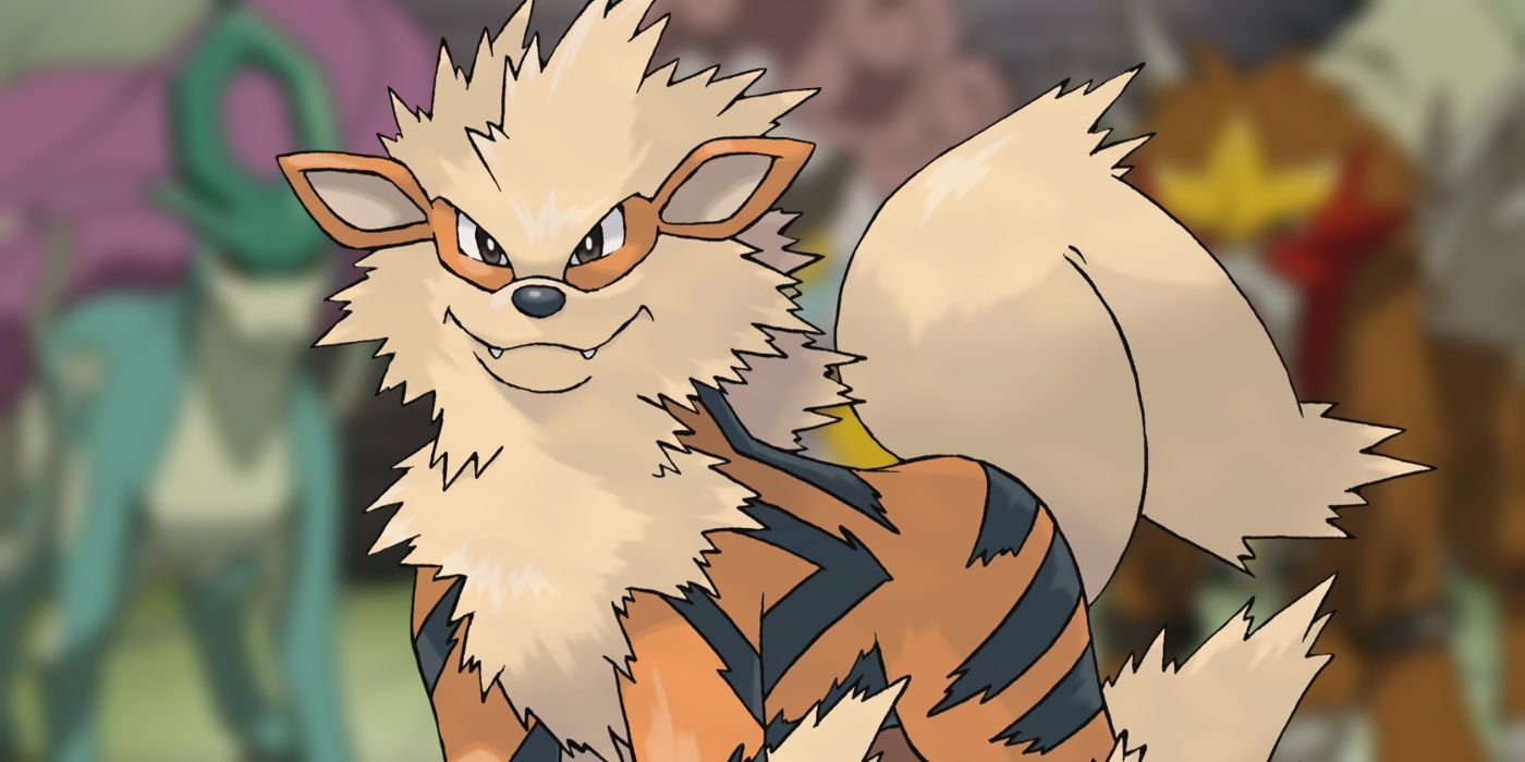 A closeup image of Arcanine in front of the legendary dog Pokémon