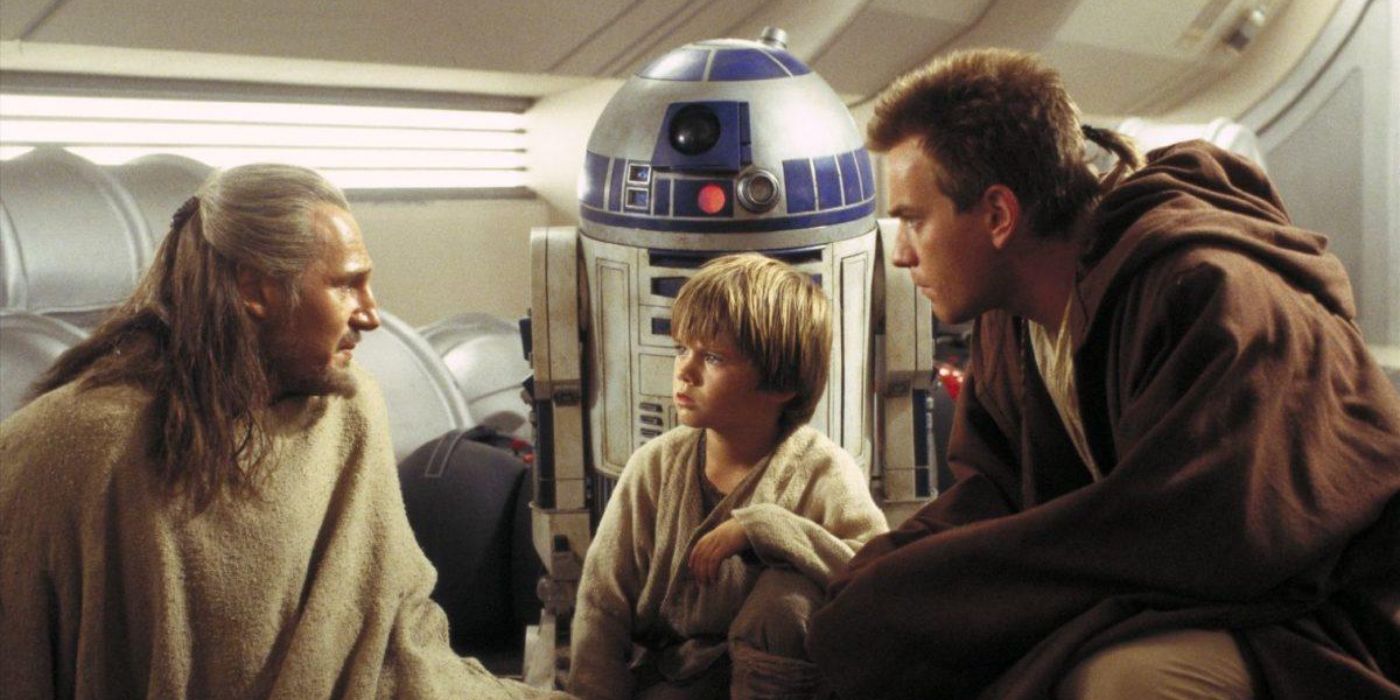 Qui-Gon, Obi-Wan, Anakin, and R2-D2 in Episode I