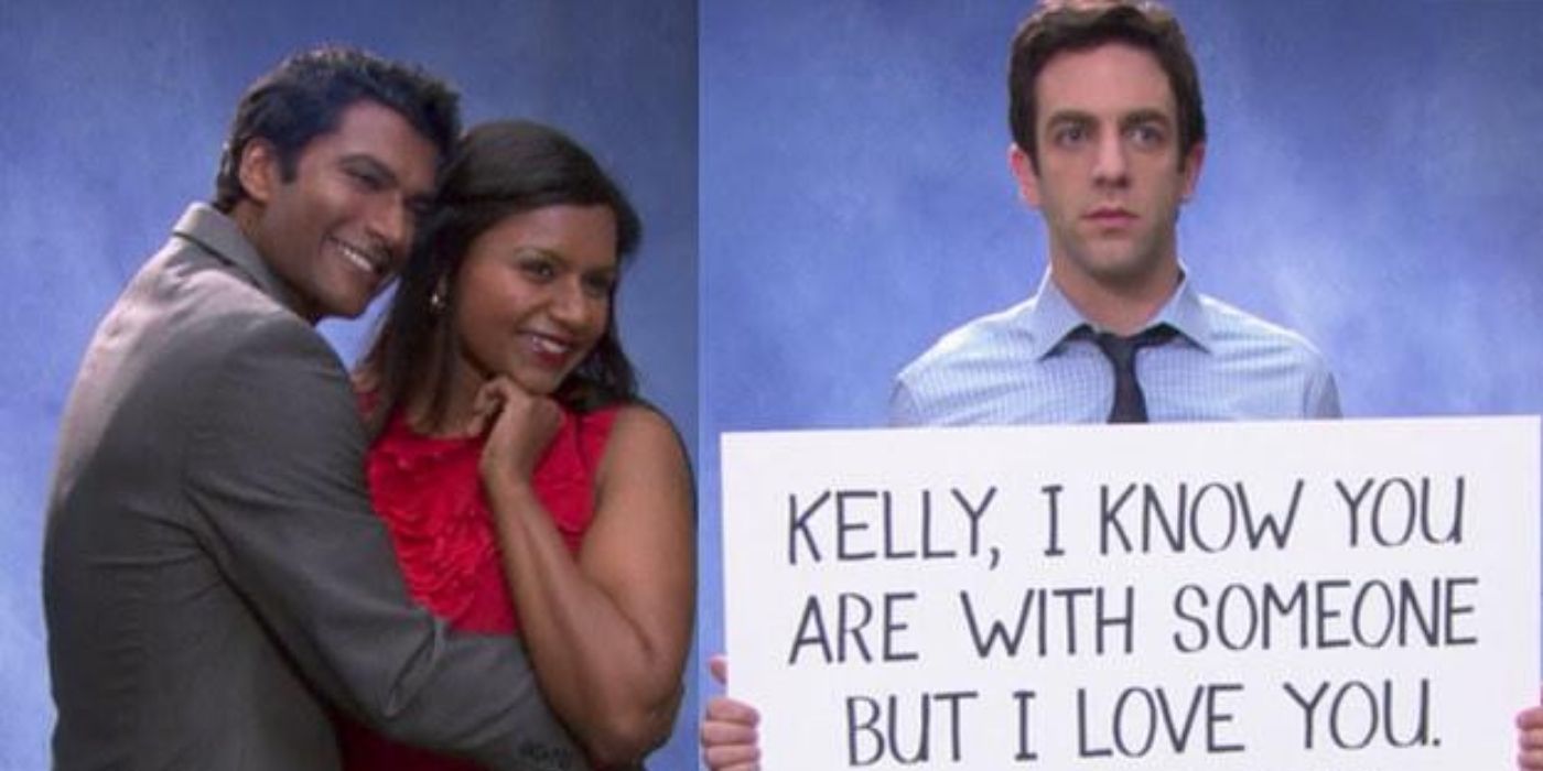 A split image of Ravi and Kelly posing while Ryan stands with a sign on The Office