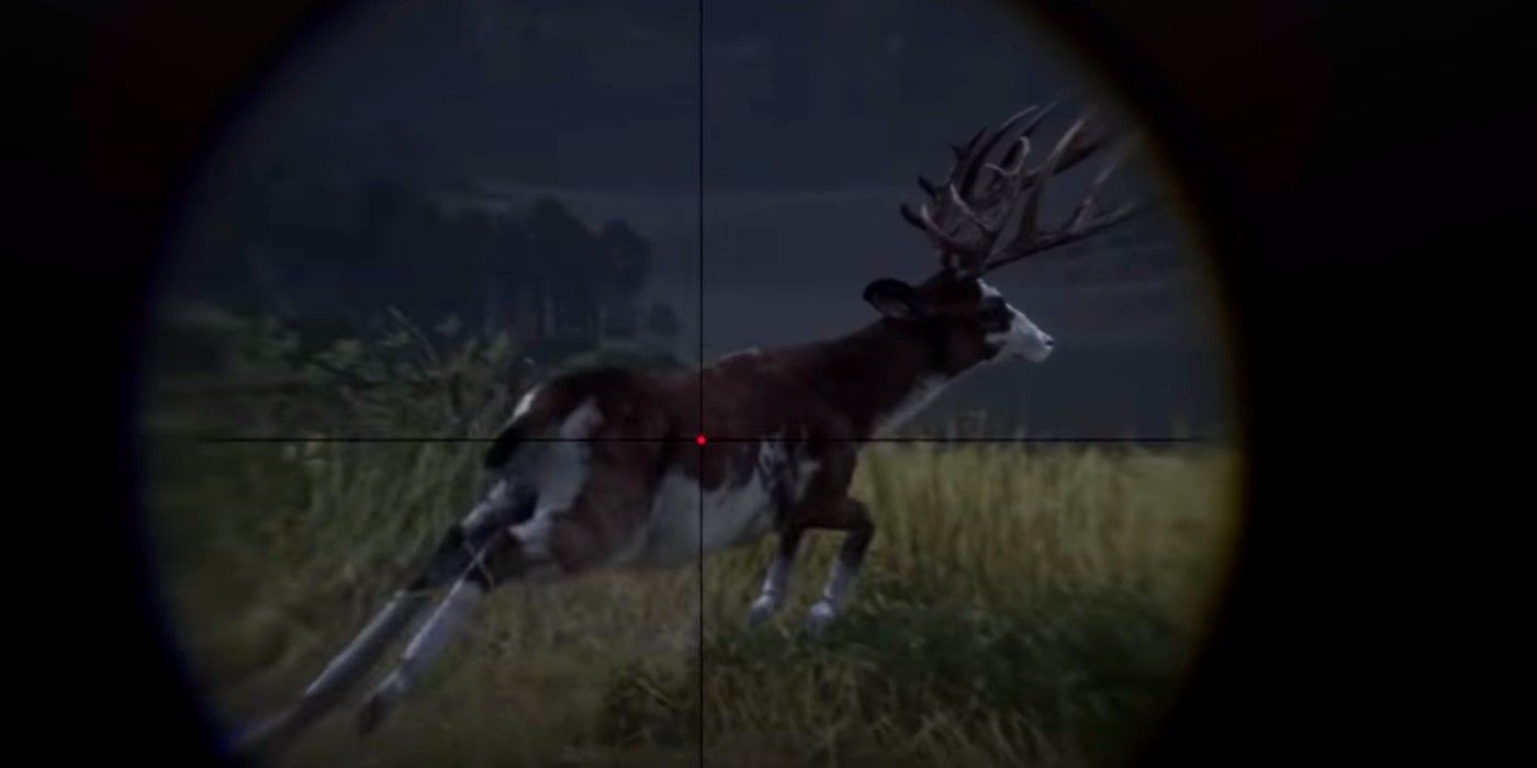 A player takes aim at the Legendary Mud Runner Buck in Red Dead Online