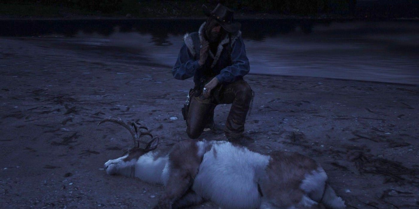 A player takes a sample of the Legendary Mud Runner Buck in Red Dead Online