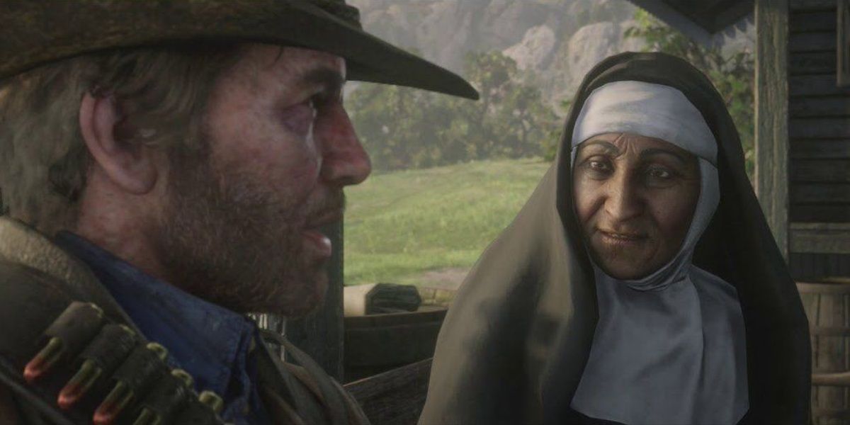 Arthur Morgan has a heartfelt conversation with a nun at the train station in Red Dead Redemption 2