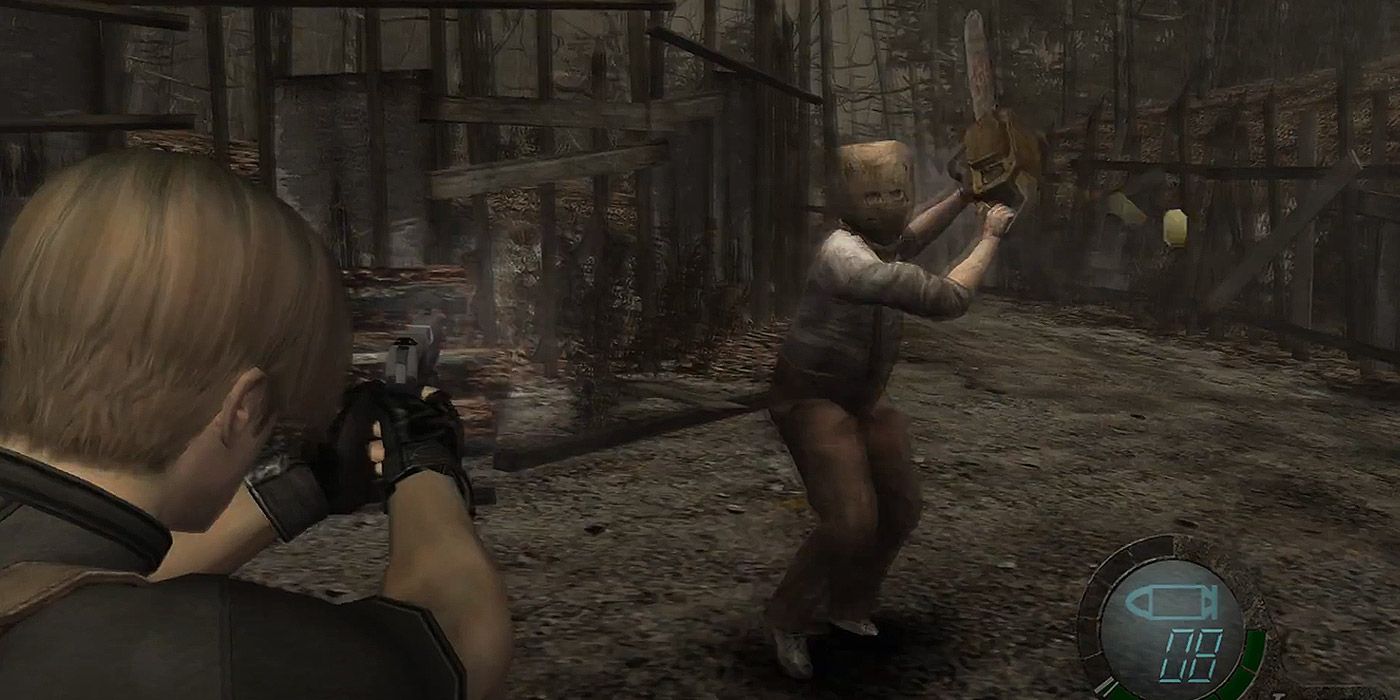 Leon battles a chainsaw-wielding enemy in Resident Evil 4