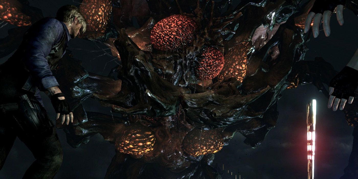 Leon battles Derek Simmons in his mutated fly form in Resident Evil 6