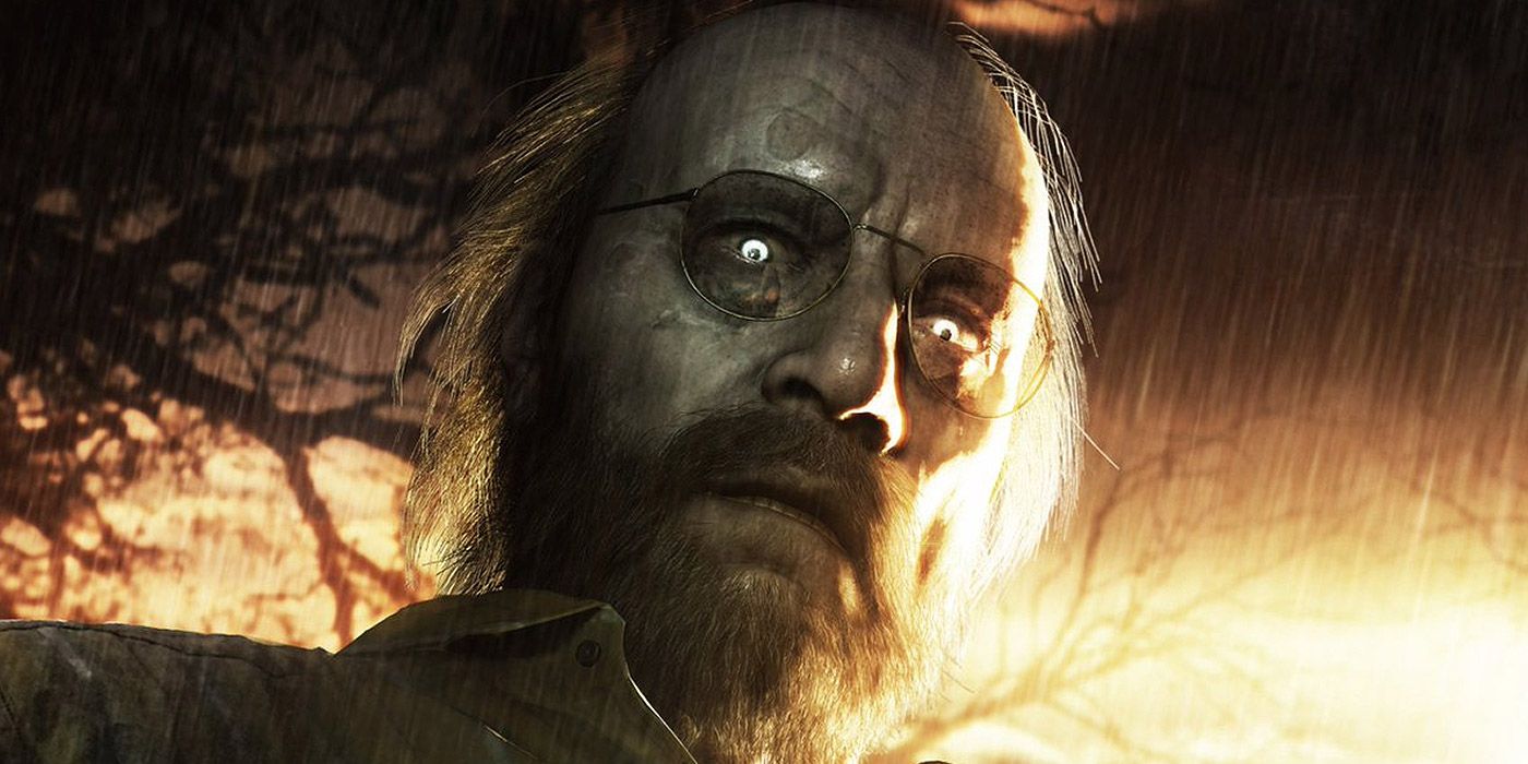 Um retrato de Jack Baker com olhos brilhantes em Resident Evil VII