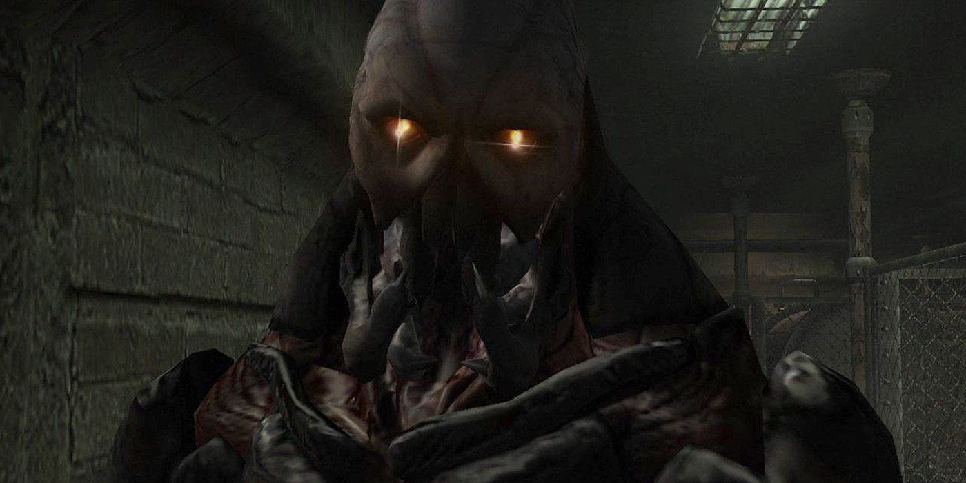 A Verdugo with glowing yellow eyes in a sewer in Resident Evil 4