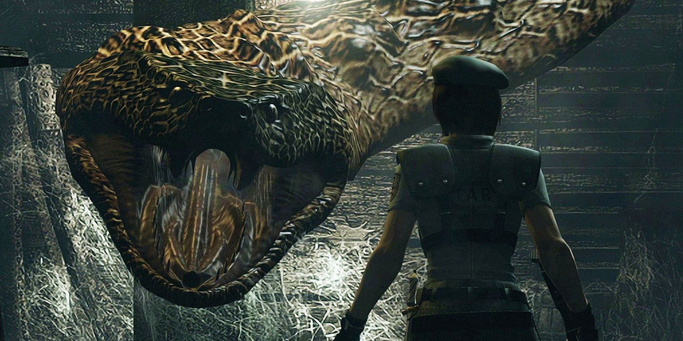 Jill Valentine faces down a gigantic snake in Resident Evil