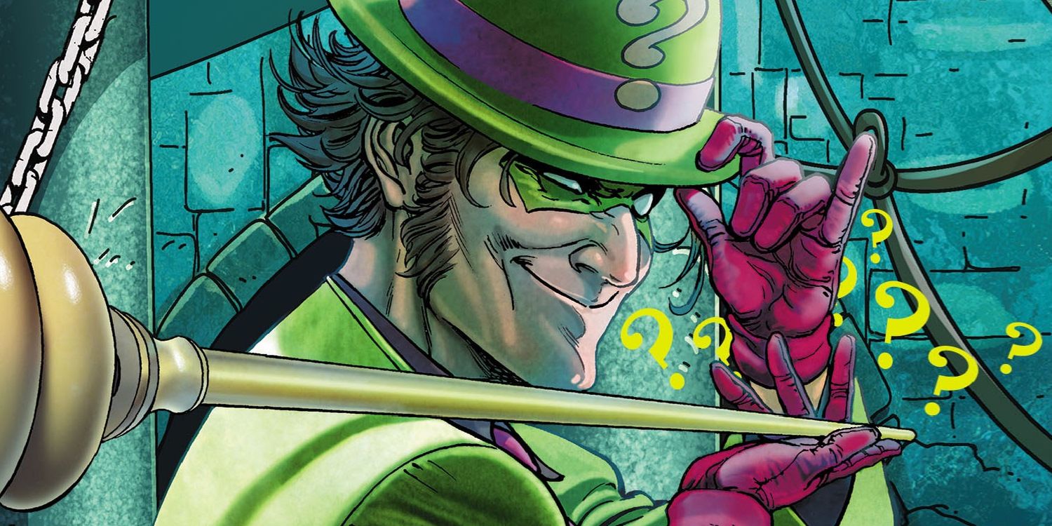 Riddler smiling with a hand on his bowler hat in Batman comics.