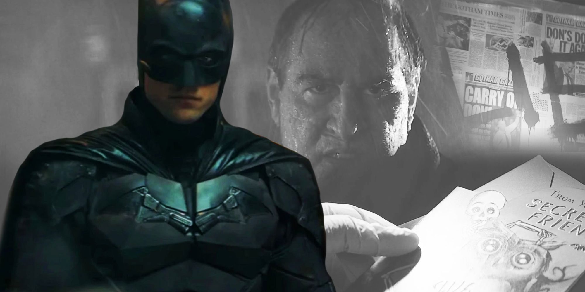 Robert Pattinson in The Batman alongside shots from the trailer