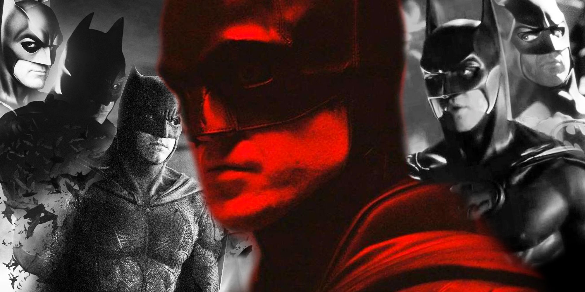 Robert Pattinson in The Batman superimposed over images of Batman movie versions